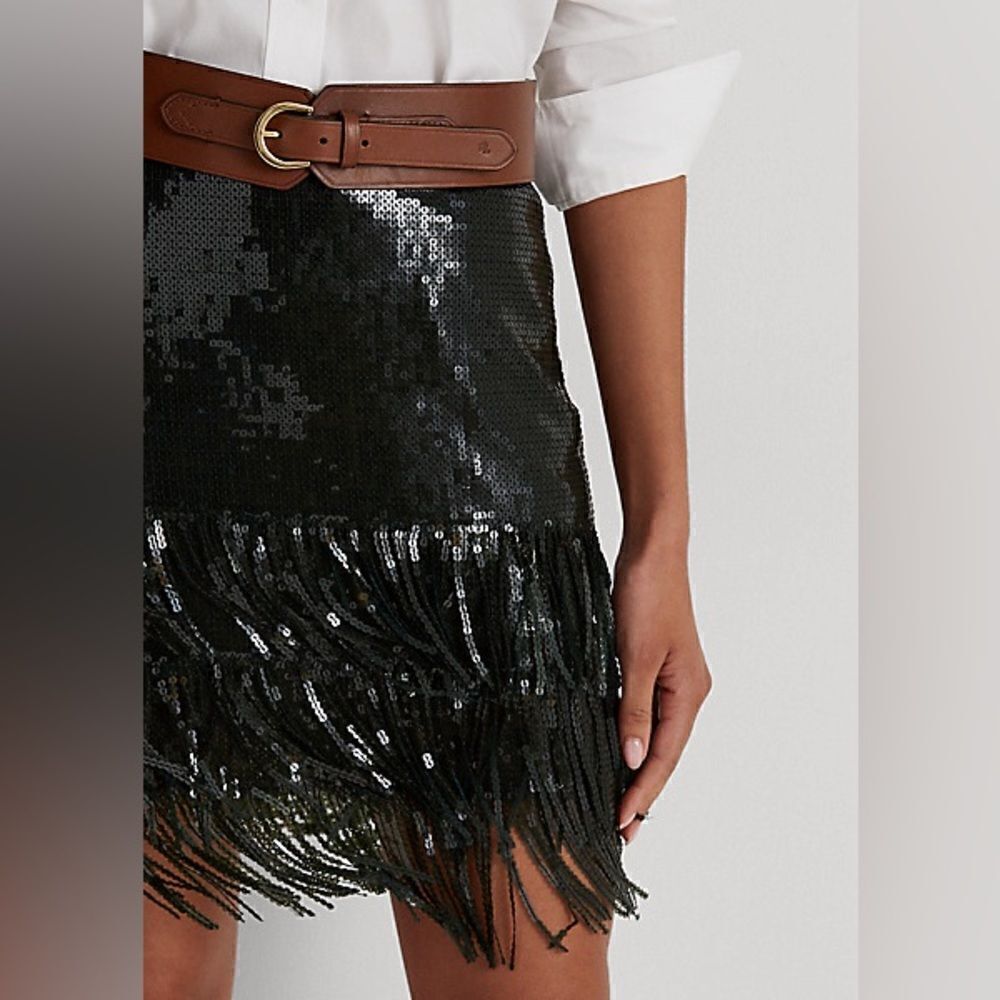 Lauren Ralph Lauren - Fringe Trim Sequin Skirt- Dark Olive -new with tag